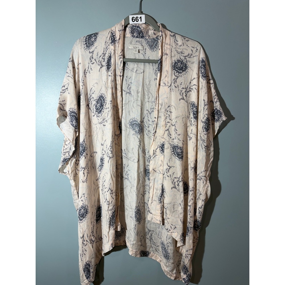 LOFT Womens XS/S Peach Navy Blue‎ Floral Kimono Wrap Open Front Cardigan Coverup